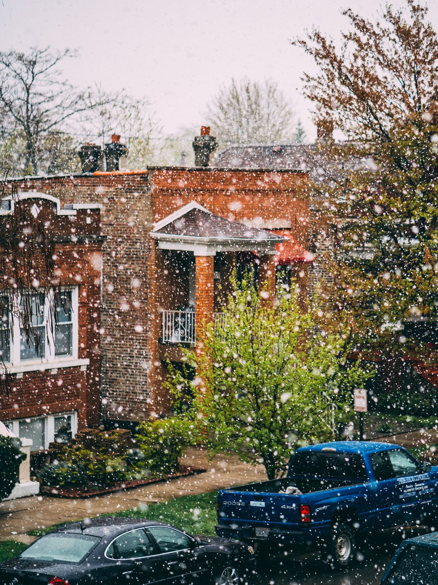 Chicago brick two-flat in spring snow