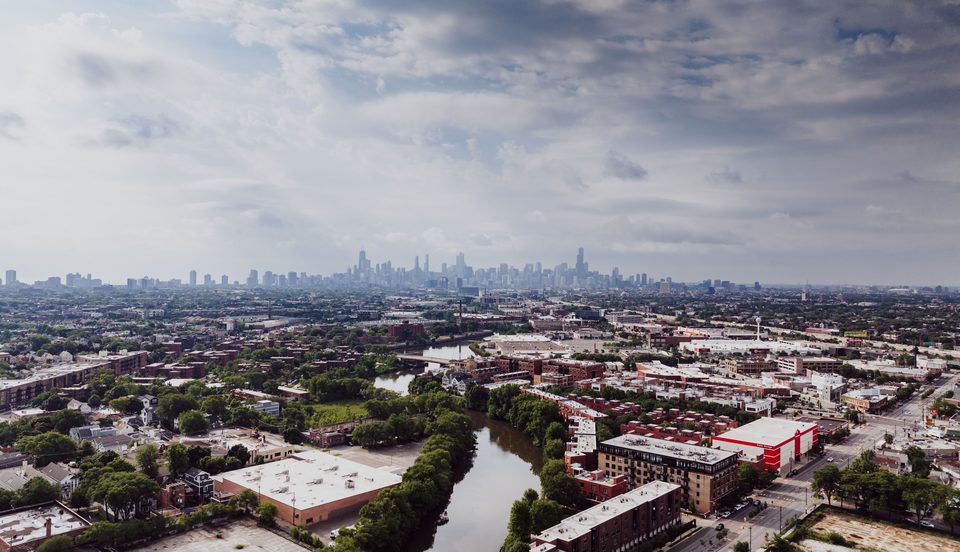Chicago neighborhoods from above, skyline in the distance